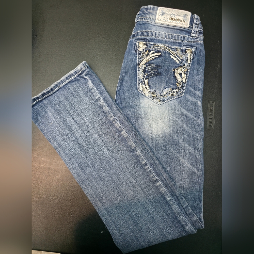 Grace in LA Women's Blue Boot Cut Jeans with Embellished Pockets